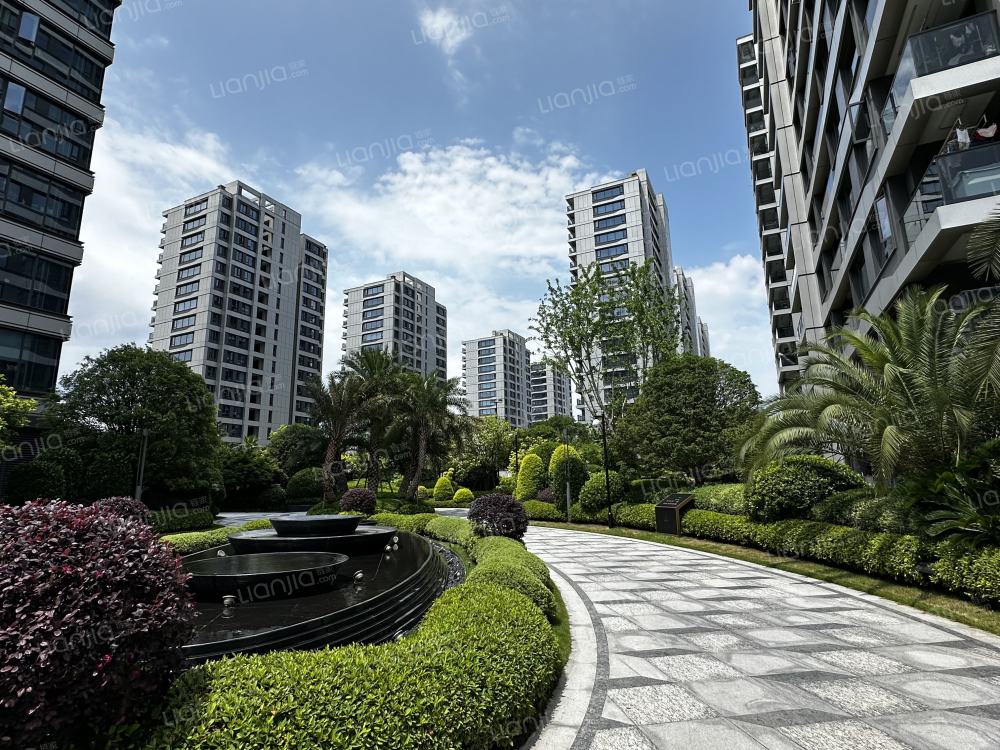 御滨府中央园林 · 圆形水景 + 棕榈树阵 + 建筑外立面